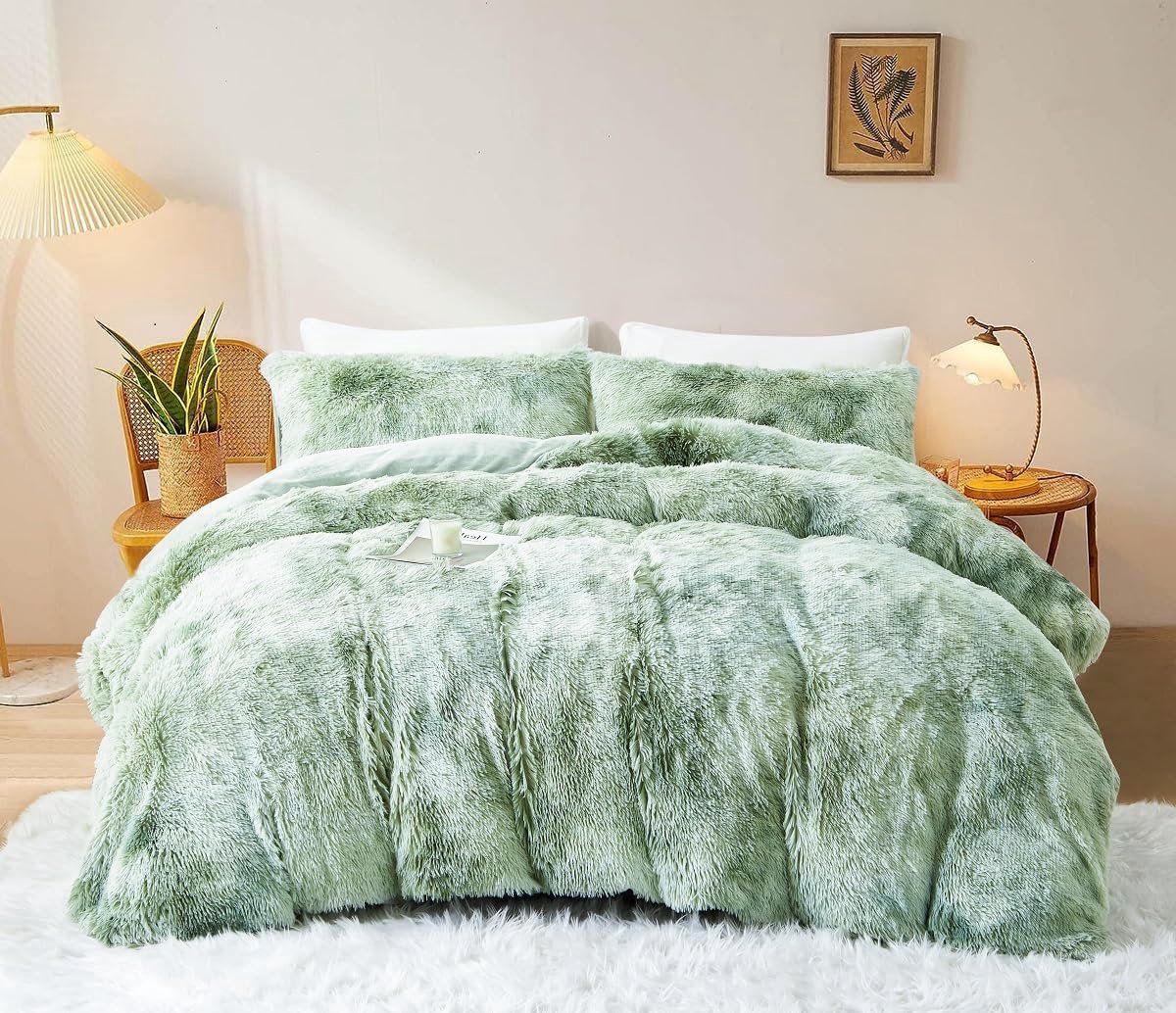 SnelShoppen - Winterbeddengoed 135 x 200 cm Pluche Dekbedovertrek Groen-Wit met Kleurverloop en 1 Kussensloop 80 x 80 cm, Warm Flanel voor de Koude Da