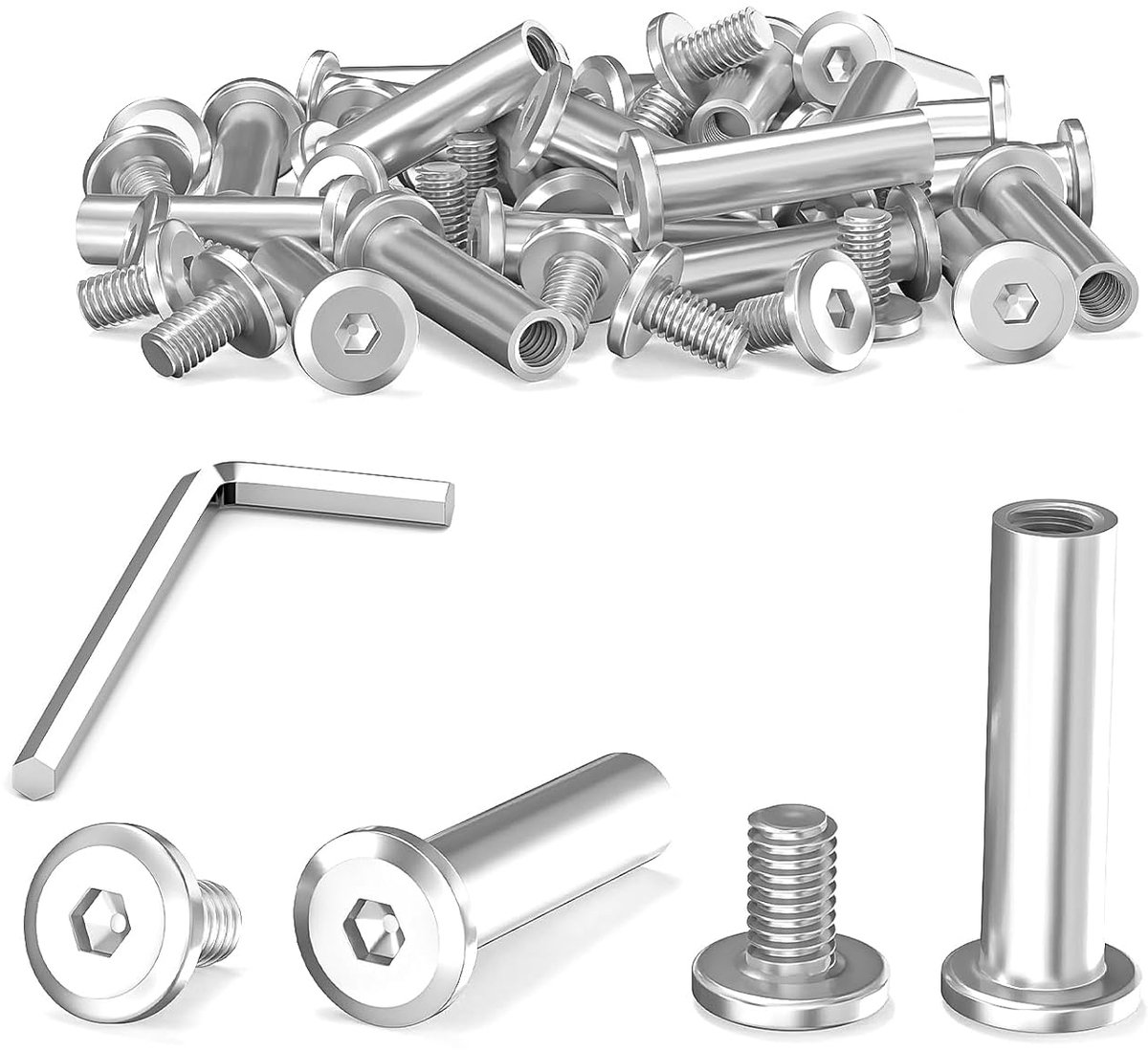 40 stuks M6 x 30 mm verbindingsschroeven, hulsschroeven, roestvrij staal A2 V2A, meubelschroeven, kastconnector met inbussleutel voor kasten, kasten en houten planken