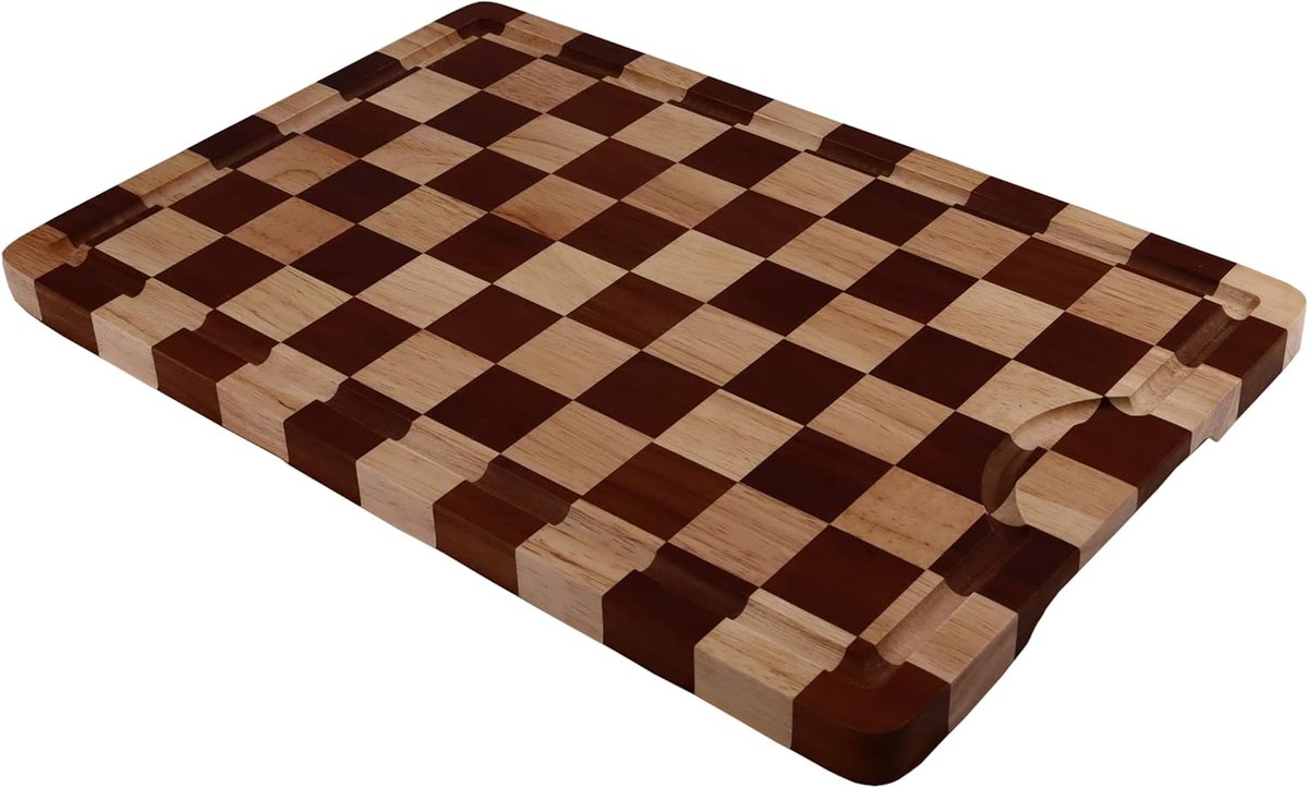 PurpleLine - Snijplank van hout met sapgoot, schaakpatroon, rubberhout, antislipvoeten, keukenplank, 255 x 385 x 20 mm, robuust en milieuvriendelijk, perfect voor vlees, groenten en brood