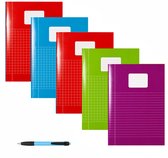 Schriften A4 Ruitjes 10mm - Met Kantlijn - Set van 5 stuks - Felle kleuren - Inclusief GRATIS Balpen - GRATIS verzonden