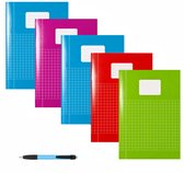 Schriften A4 Ruitjes 10mm - Met Kantlijn - Set van 5 stuks - Felle kleuren - Inclusief GRATIS Balpen - GRATIS verzonden