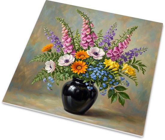 Wanddecoratie Tegeltje Vingerhoedskruid en Anemonen Zomers Veldboeket in Vaas Schilderkunst Botanische Illustratie Vrolijke Bloemen Wanddecoratie Woonkamer Keuken Sfeervol Bloemenboeket Glanzend 15x15 cm glanzend