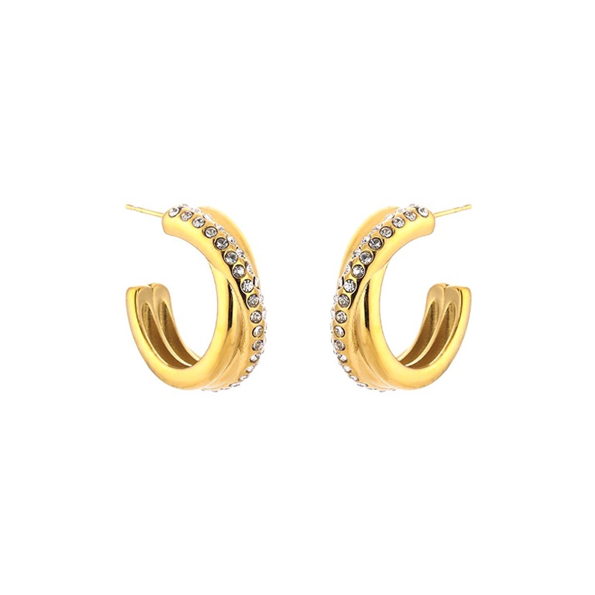 Stainless Steel Criss Cross Pavé Zirconia Half Hoops – Luxe Gekruiste Pavé Zirkonia Halve Oorringen – RVS - Goud