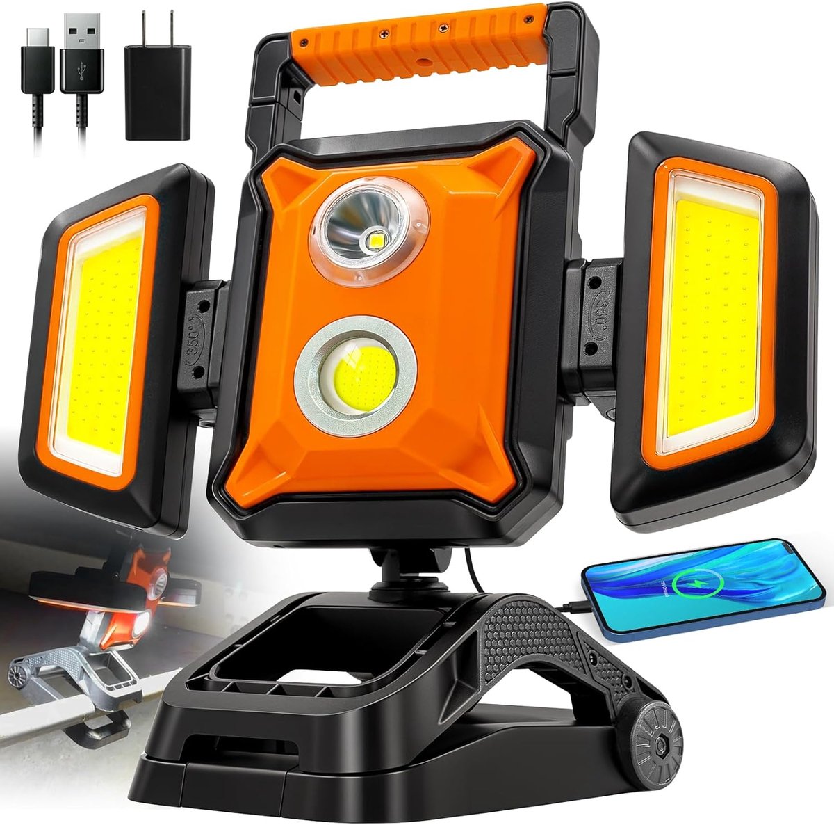 SnelShoppen - Accu Schijnwerper 40W, 4000LM Bouwlamp LED met Klem, Opvouwbare & 360° Draaibare Werklamp LED Accu met 5 Modi, Draagbare Werklamp met Ma