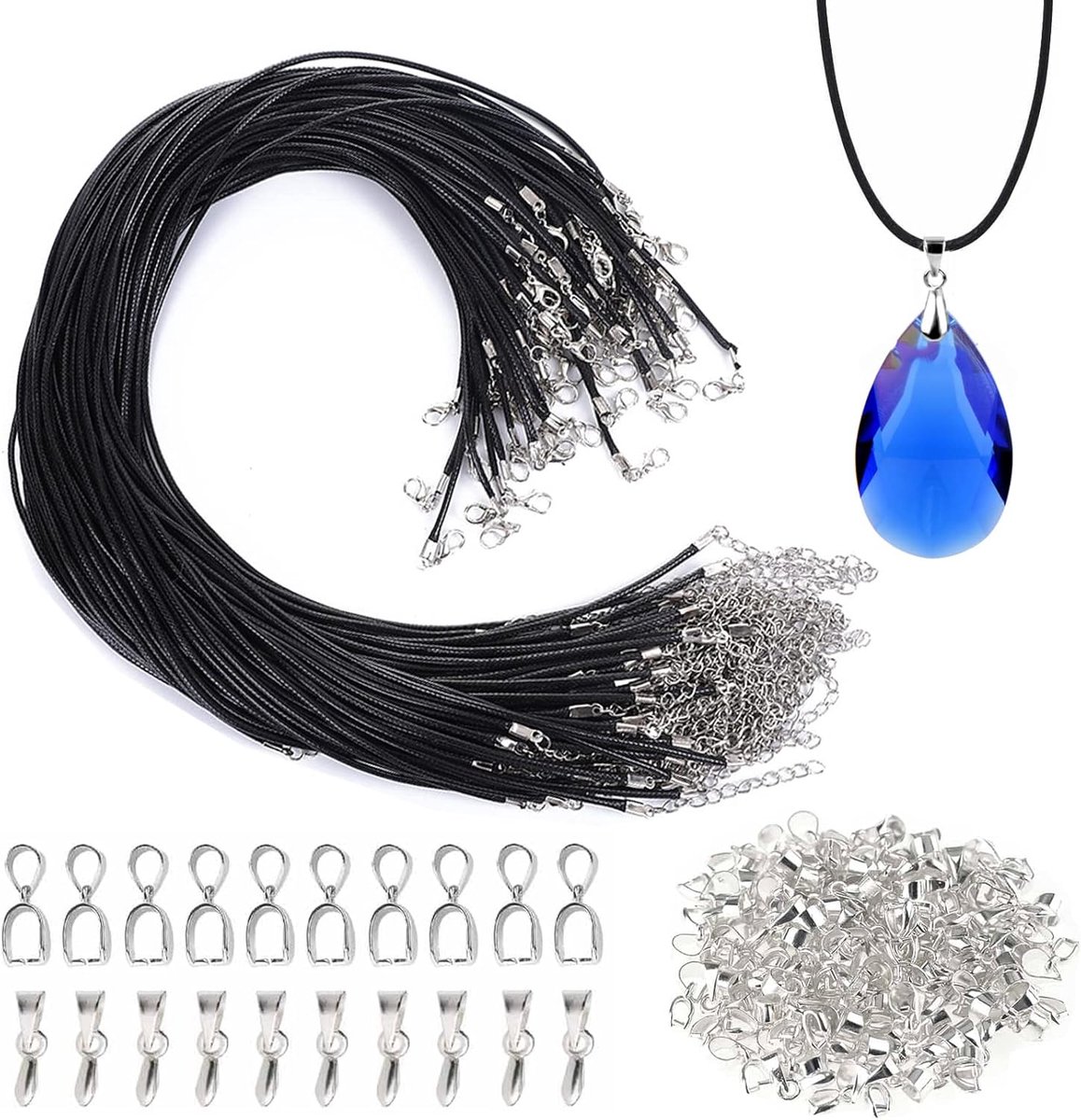 SnelShoppen - 100 stuks leren band 50 cm, gevlochten halsketting met hangerlus en sluiting, koord voor doe-het-zelf sieraden maken, knutselen, leren k