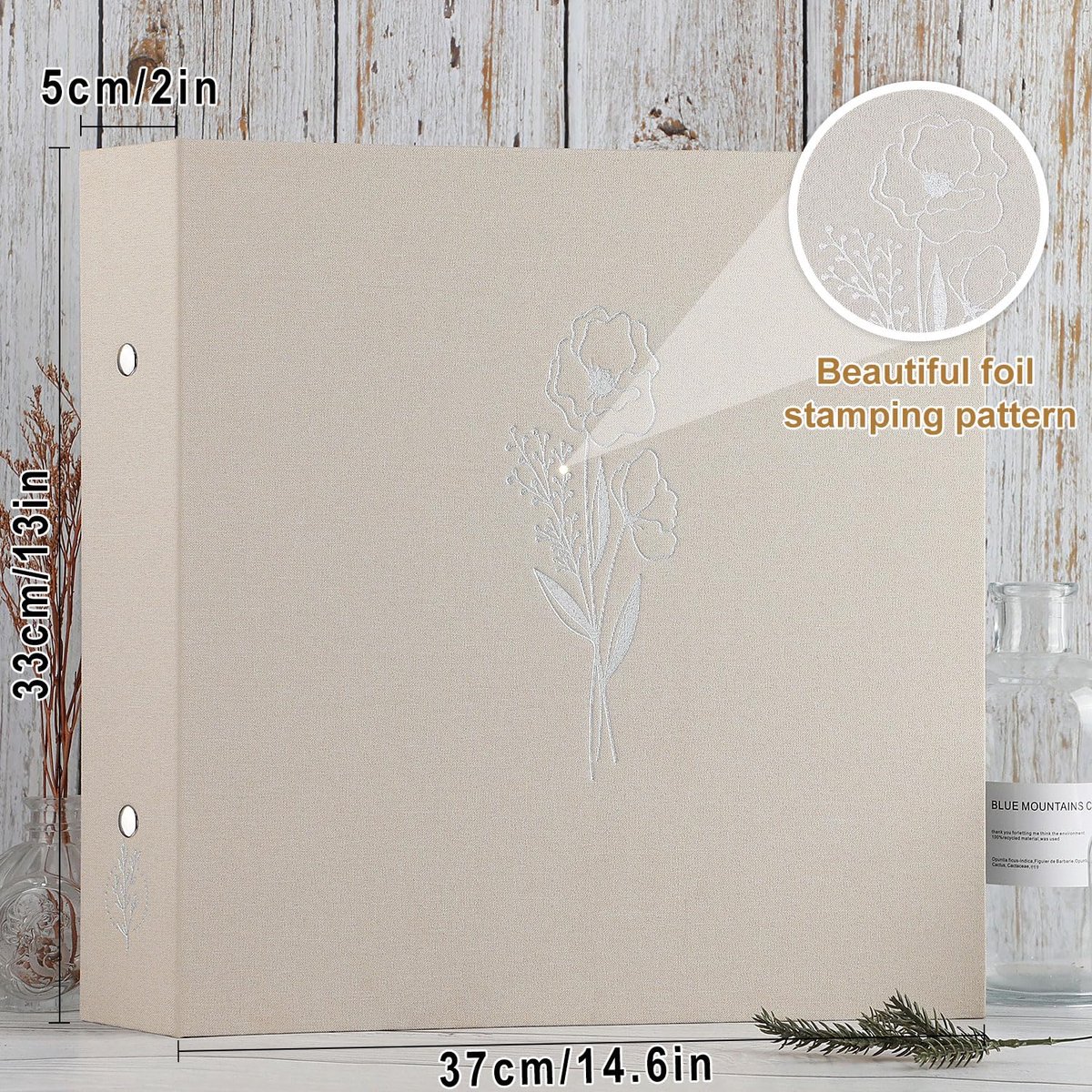 SnelShoppen - Fotoalbum 30x30 cm met 3 ringen, beige linnen scrapbook album met plastic hoesjes voor feest, kinderen, vakantie en herinneringen