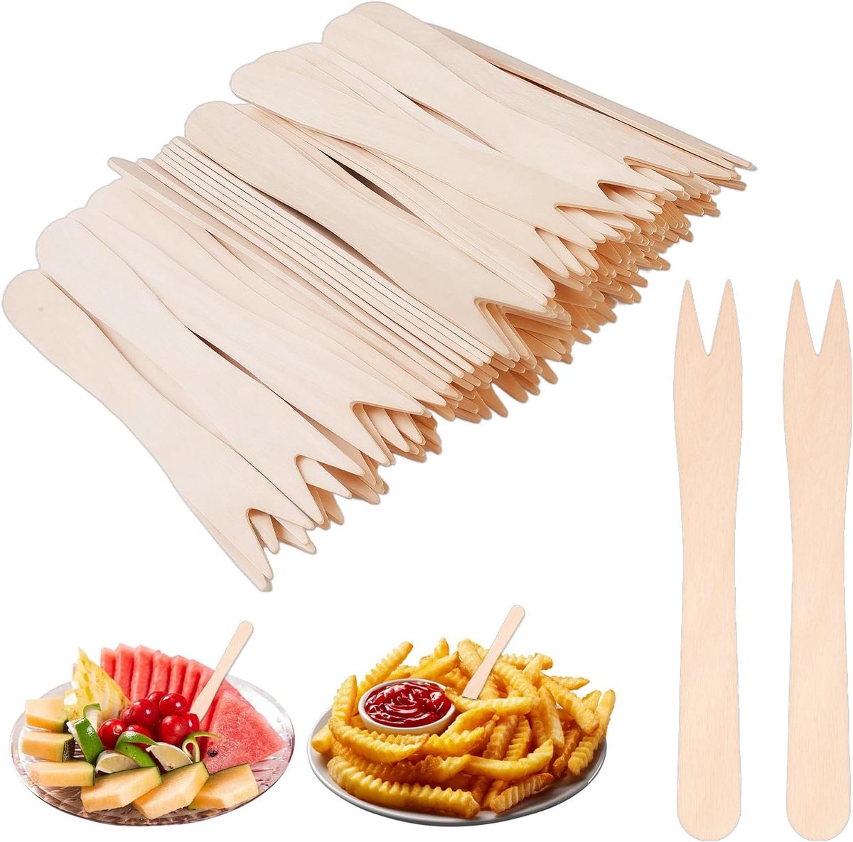 Vorken,8.5 cm × 1 cm Frietvork/Fruitvork van Hout | Feestbestek voor Friet,Fruitvorken van Hout voor Picknicks,Feest,Verjaardag,Catering,Buffet en Evenementen (Hout Kleur)