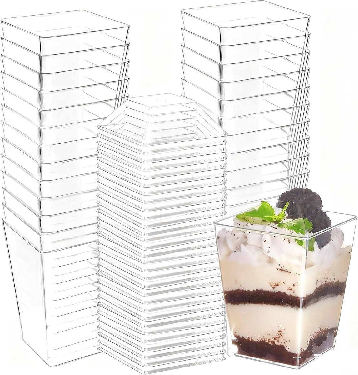 30 stuks dessertbekers van kunststof, 160 ml, vierkant, met deksel en lepel, herbruikbaar voor pudding, mousse en ijs