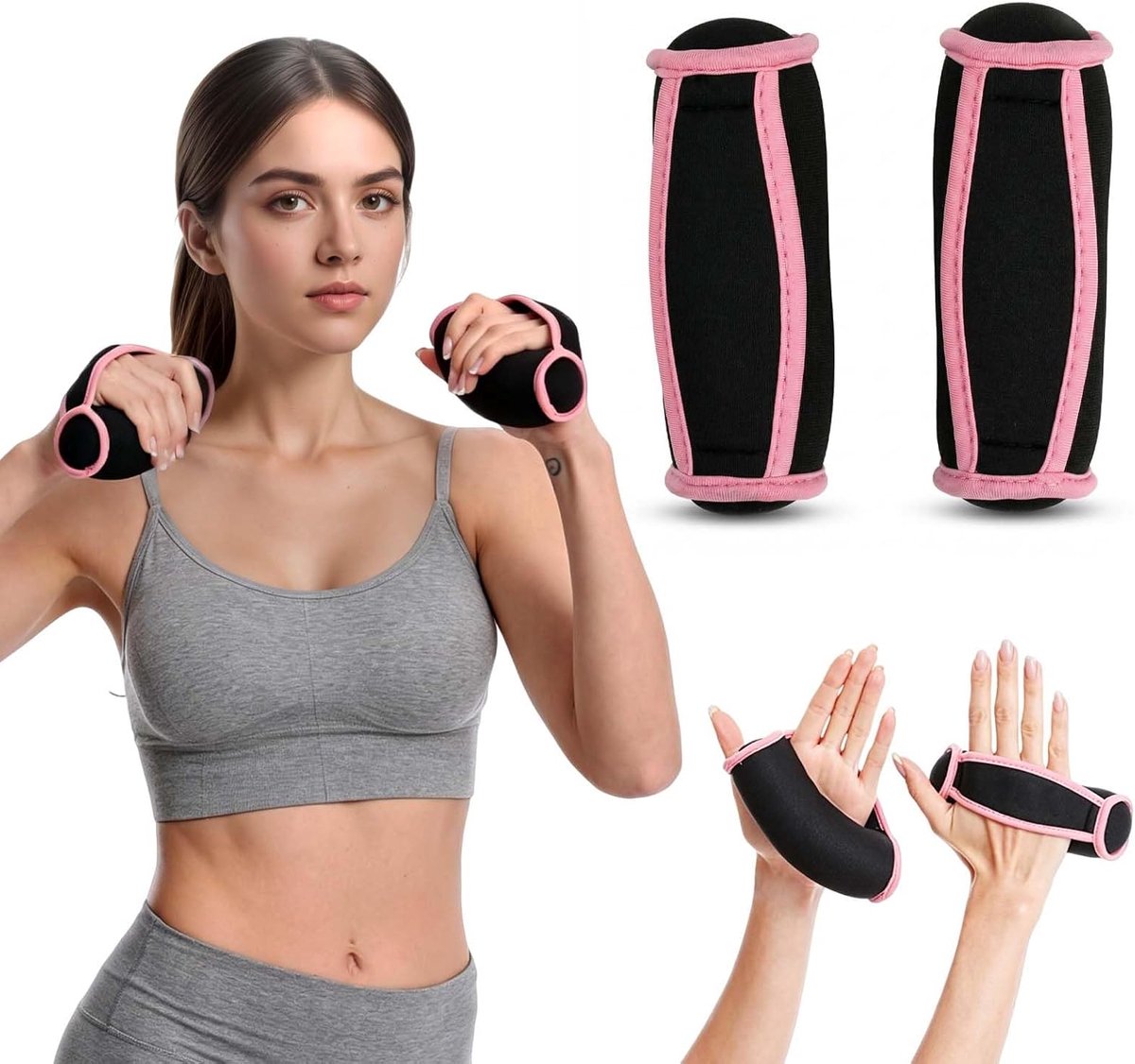 Halters voor dames, zachte korte halters, set van 2, kleine halters 0,5 kg, halter met lus, antislip loophalters met ijzeren zandvulling, ademende handgewichten voor joggen, pilates, aerobics