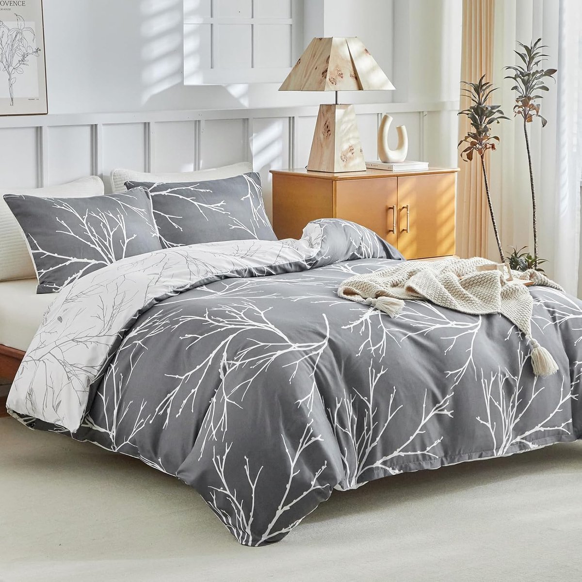 Beddengoedset 200x200cm, 3-delig Beddengoedset met 2 Kussenslopen met Ritssluiting 80x80cm Dekbedovertrek van Microvezel met Takkenmotief voor Tweepersoonsbedden met Ritssluiting, Donkergrijs
