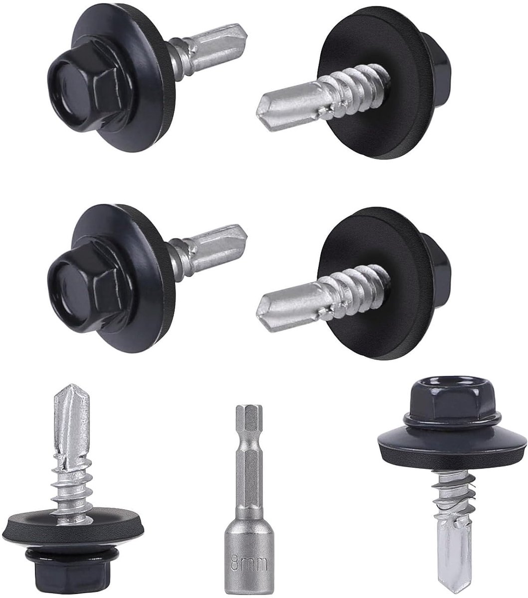 Verpakking met 150 stuks metalen dakschroeven 4,8 x 19 mm gelakt met zeskantige sluitringen en EPDM-sluitringen en steeksleutel M8 metalen schroeven, zelfborende metalen schroeven (grijs RAL