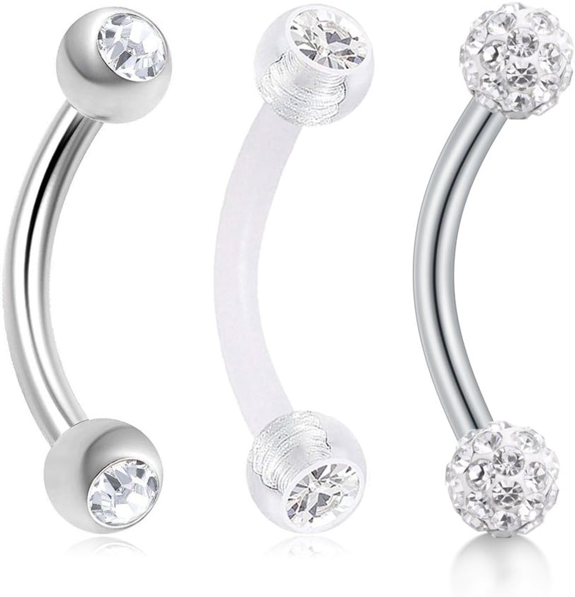16G Curved Barbell - chirurgisch staal, voor lip/oog/oor, 6-10 mm