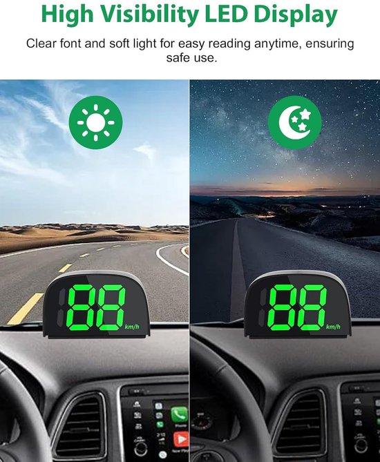 digitale snelheidsmeter met HUD head-up display, GPS voor auto, motorfiets, fiets en elektrische step, duidelijke weergave dag en nacht — afbeelding 2