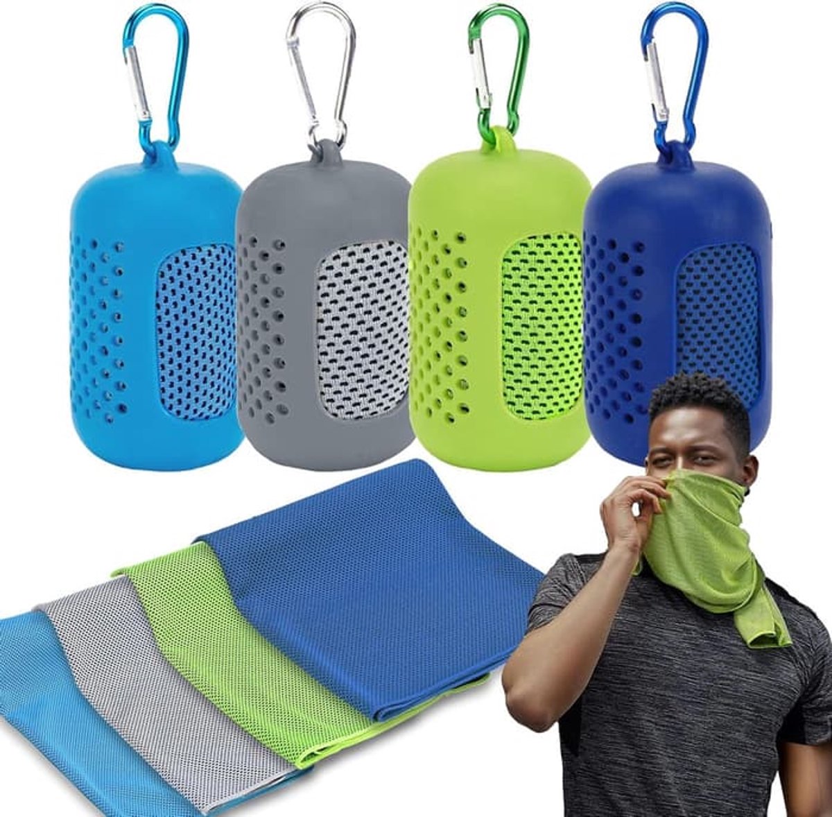 Koelhanddoeken (4-pack), 30 x 80 cm, zacht en ademend, verkrijgbaar in blauw, groen en grijs. 80 cm lang, 4 handdoeken per verpakking, ademend en lichtgewicht.