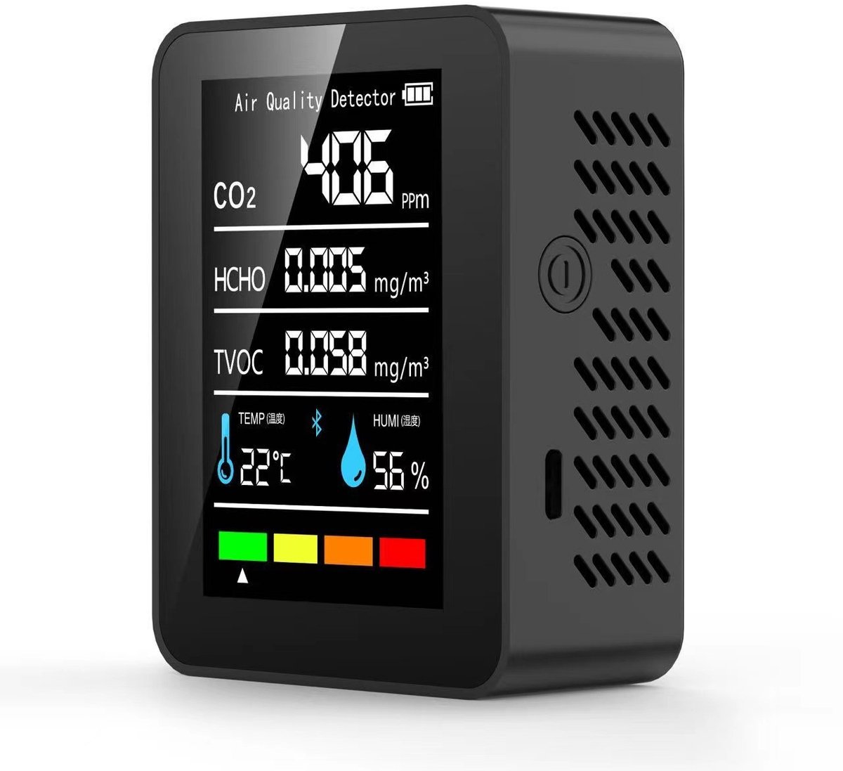 Deze draagbare, slimme 5-in-1 luchtkwaliteitsmonitor voor binnenshuis kan koolstofdioxide, totale vluchtige organische stoffen, formaldehyde, temperatuur en luchtkwaliteit meten in huizen, auto's, planten en huisdieren.