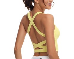 romansong Strappy Yoga Sports Bras for Women Padded Criss-Cross Back Tank Tops (Bright Yellow, Medium)