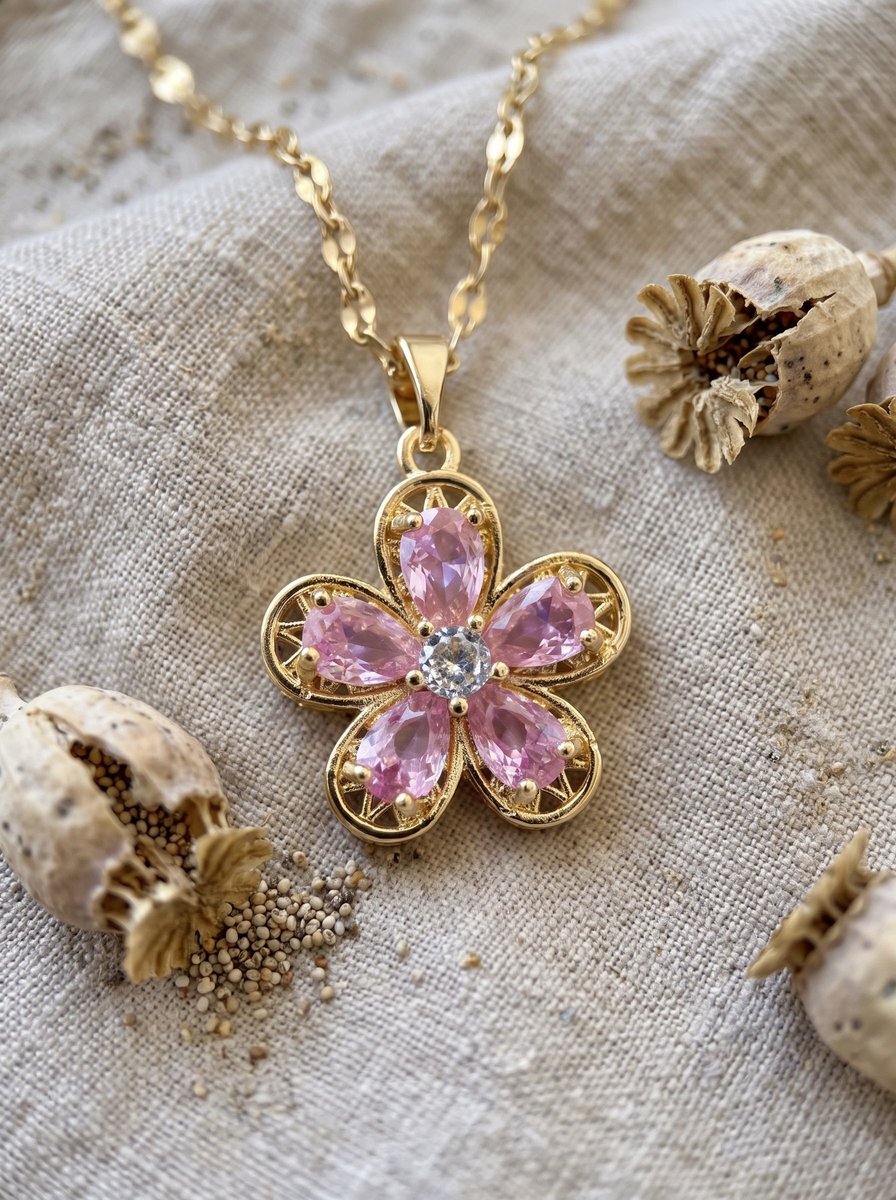 Anelplus Goudkleurige Ketting met Roze Bloemhanger – Elegante Dames Halsketting met Kristallen