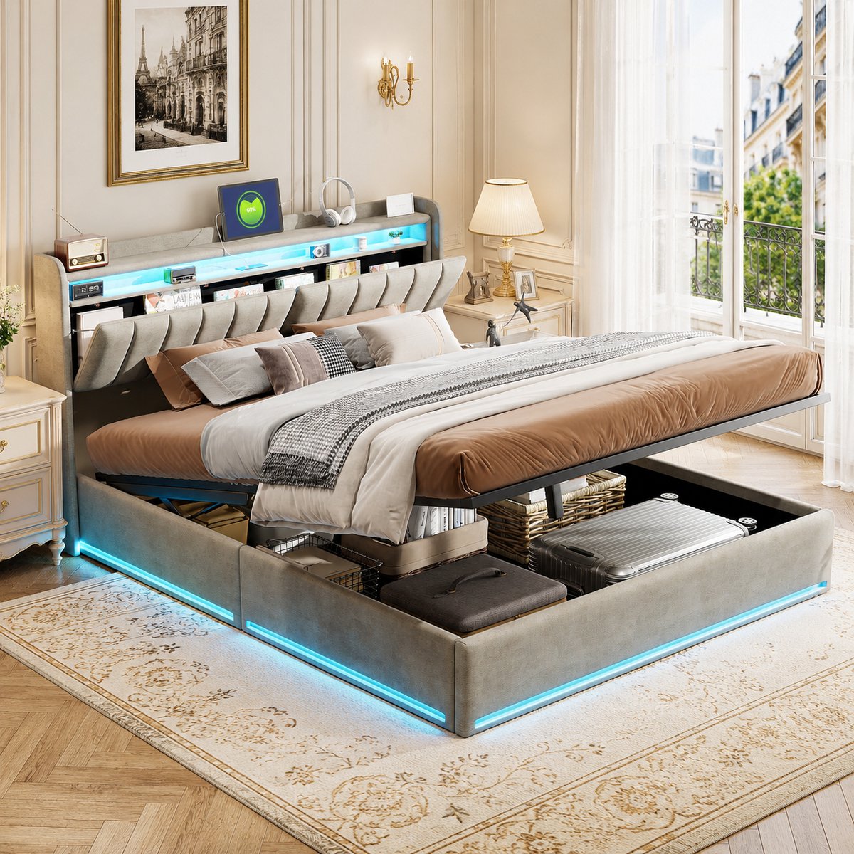 Opbergbed 140x200 cm met LED-verlichting en USB-aansluiting, Tweepersoonsbed met opbergruimte en hoofdbord, Gestoffeerd bed met lattenbodem, bedframe 140x200 voor 2 personen, fluweel, Grijs