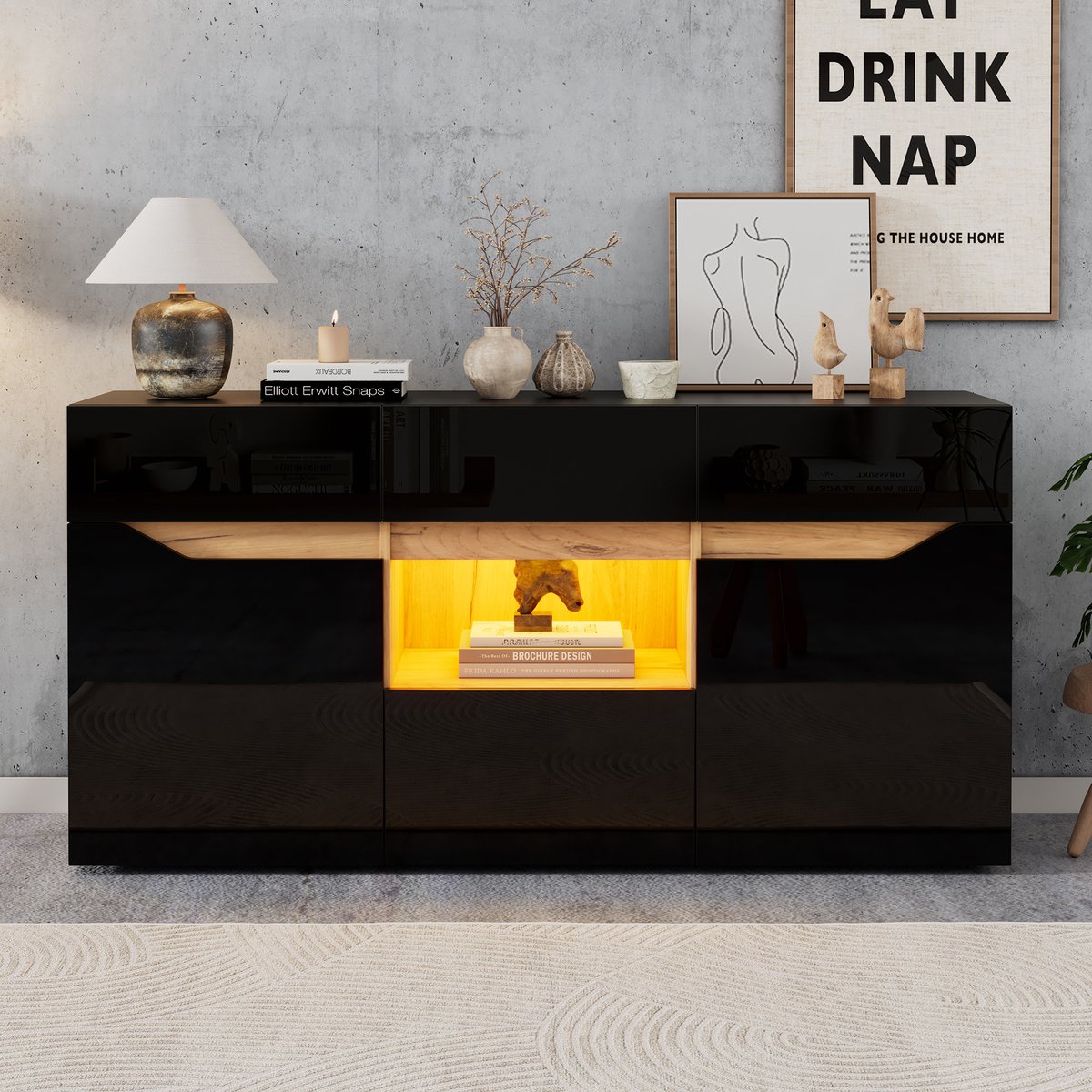 COVREO Dressoir 140 x 40 x 70 cm, zwart en houtkleur, spaanplaat met LED-verlichting Black