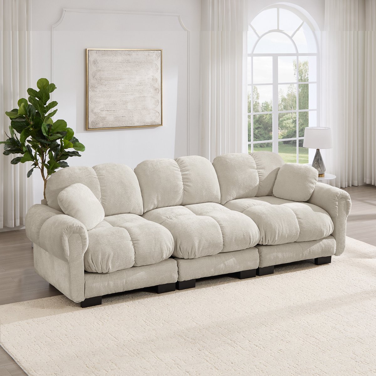 OKWISH Zitbank 260 cm - 3-Zits Bank Met Gewatteerde Zitting En 2 Sierkussens - Voor Woonkamer - Chenille - Licht Khaki