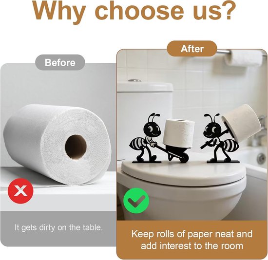 Vergelijking van toiletrolopslag: rommelig op tafel versus nette ant-houder op toilet.