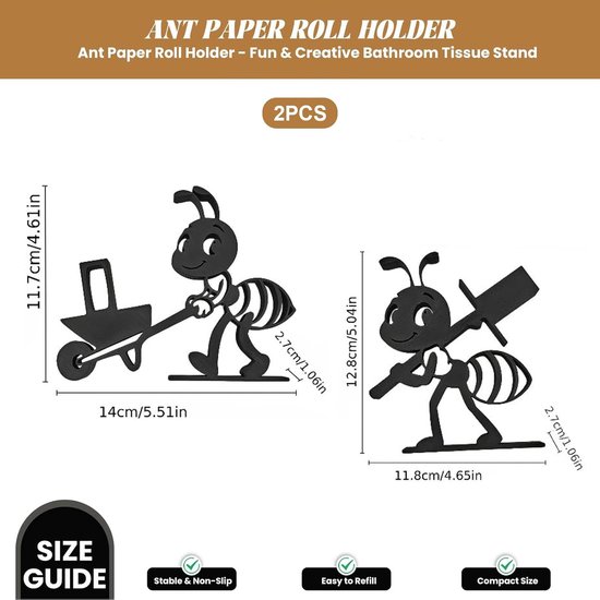 Afmetingen en kenmerken van 2 zwarte ant-papieren rolhouders.