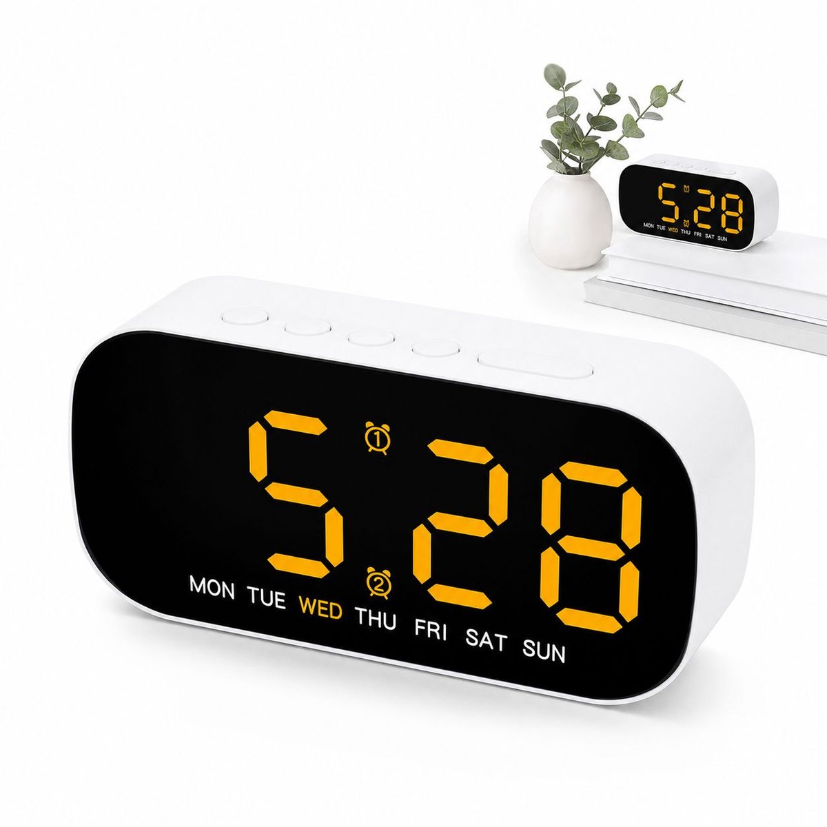 VHV - Wekker - Digitale Wekker met Temperatuur & Datum - 13x3.5x6.5 cm - LED Klok met 2 Alarmen, Dagweergave & Dimbaar - Energiebesparende Slaapmodus - Geel
