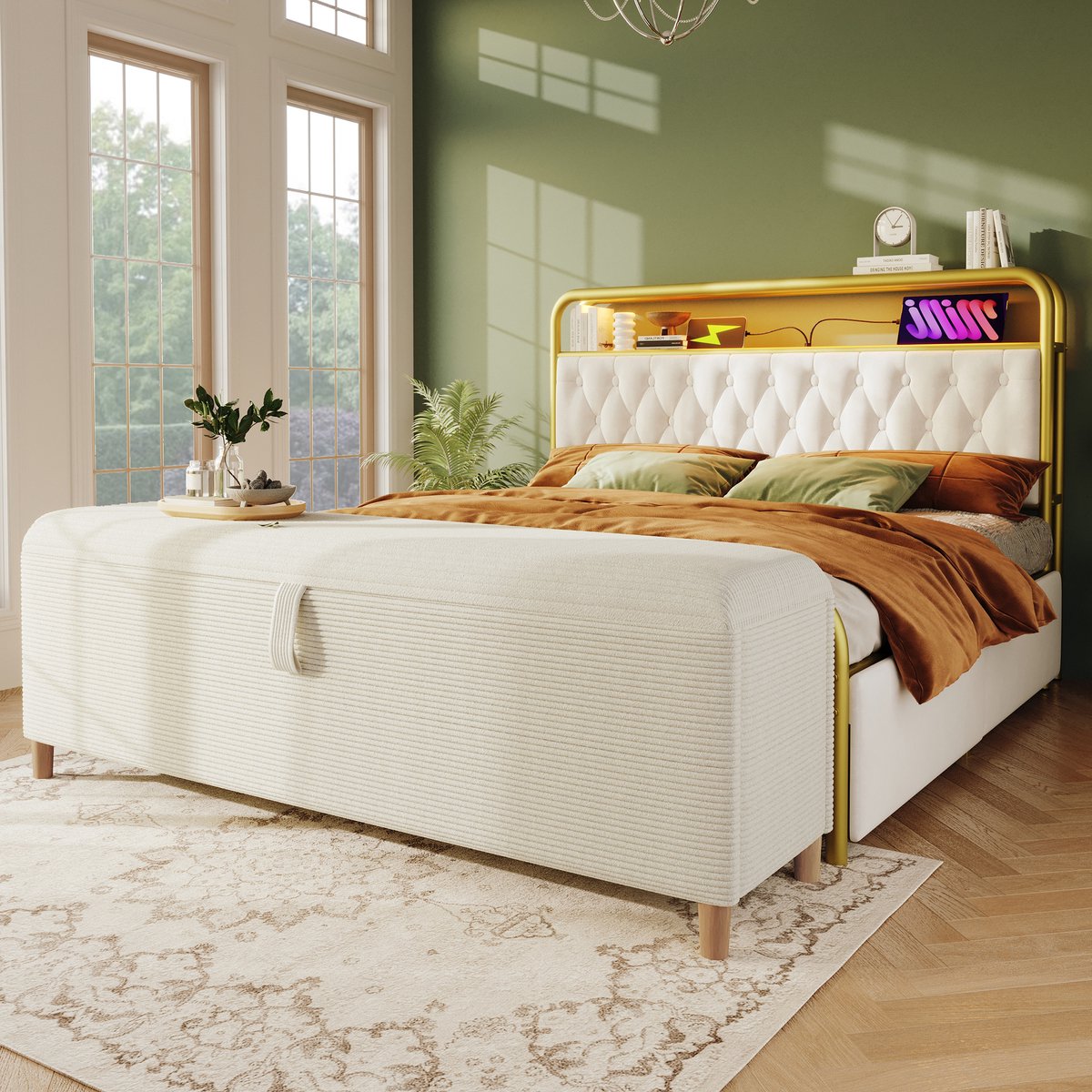 COVREO Opbergbank 145x38 cm beige, MDF en hout met hydraulische opbergruimte