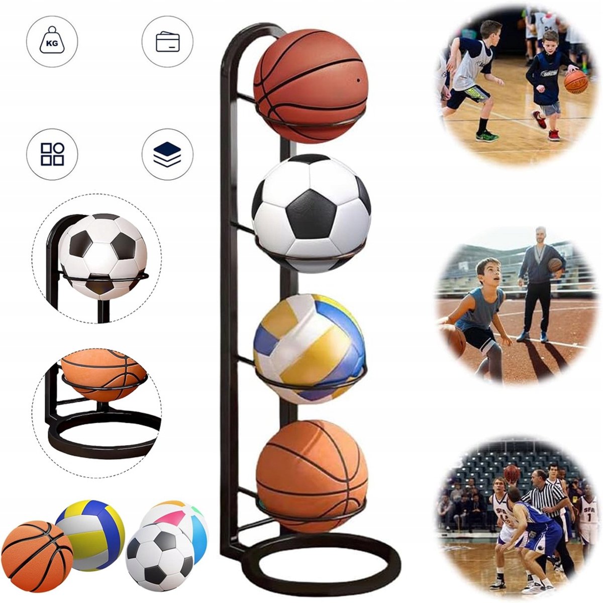 3-Laags Verticaal Ballenrek Voor Basketbal, Voetbal En Volleybal - Robuust Ijzer Buig- En Krasbestendig Wandmontage of Vrijstaand - Ideaal Voor De Sportschool En Thuis