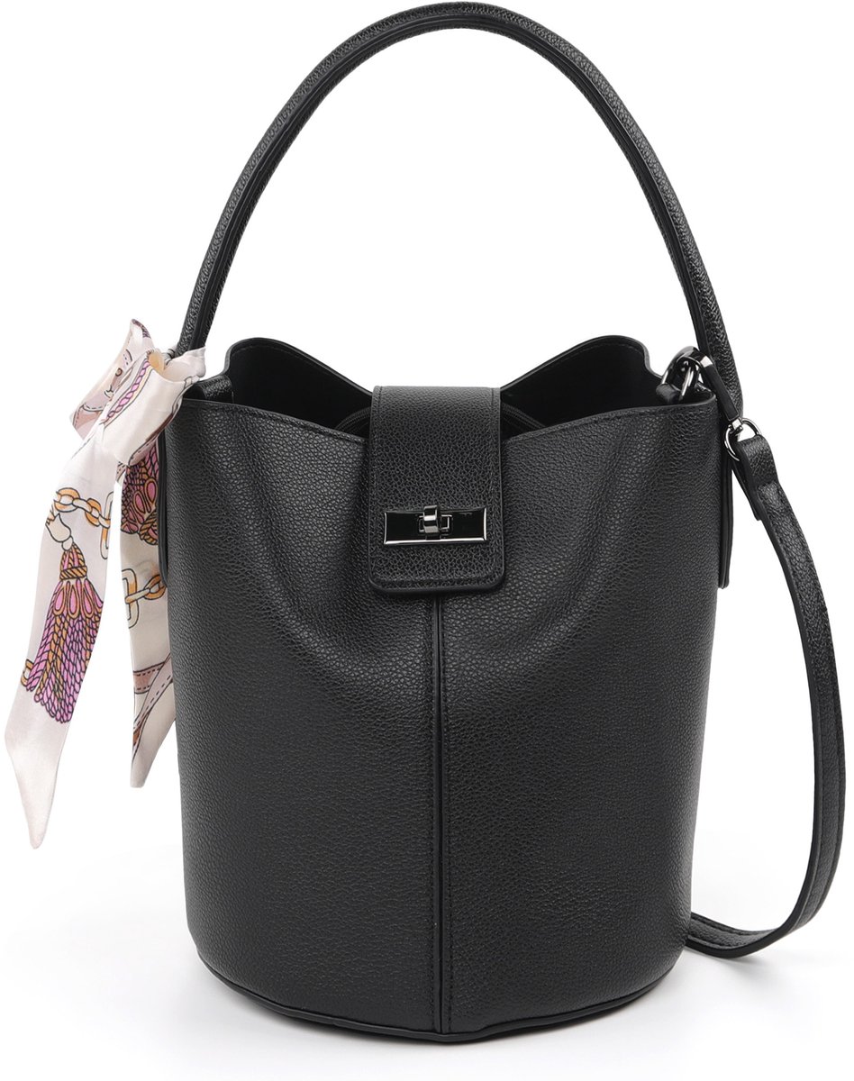 TANTOMI - Dames handtassen - Schoudertas klein - met sjaaltje en apart trekkoord binnenvak - crossbody tas dames - met Afneembare schouderriem - Bucket bag - Zwart