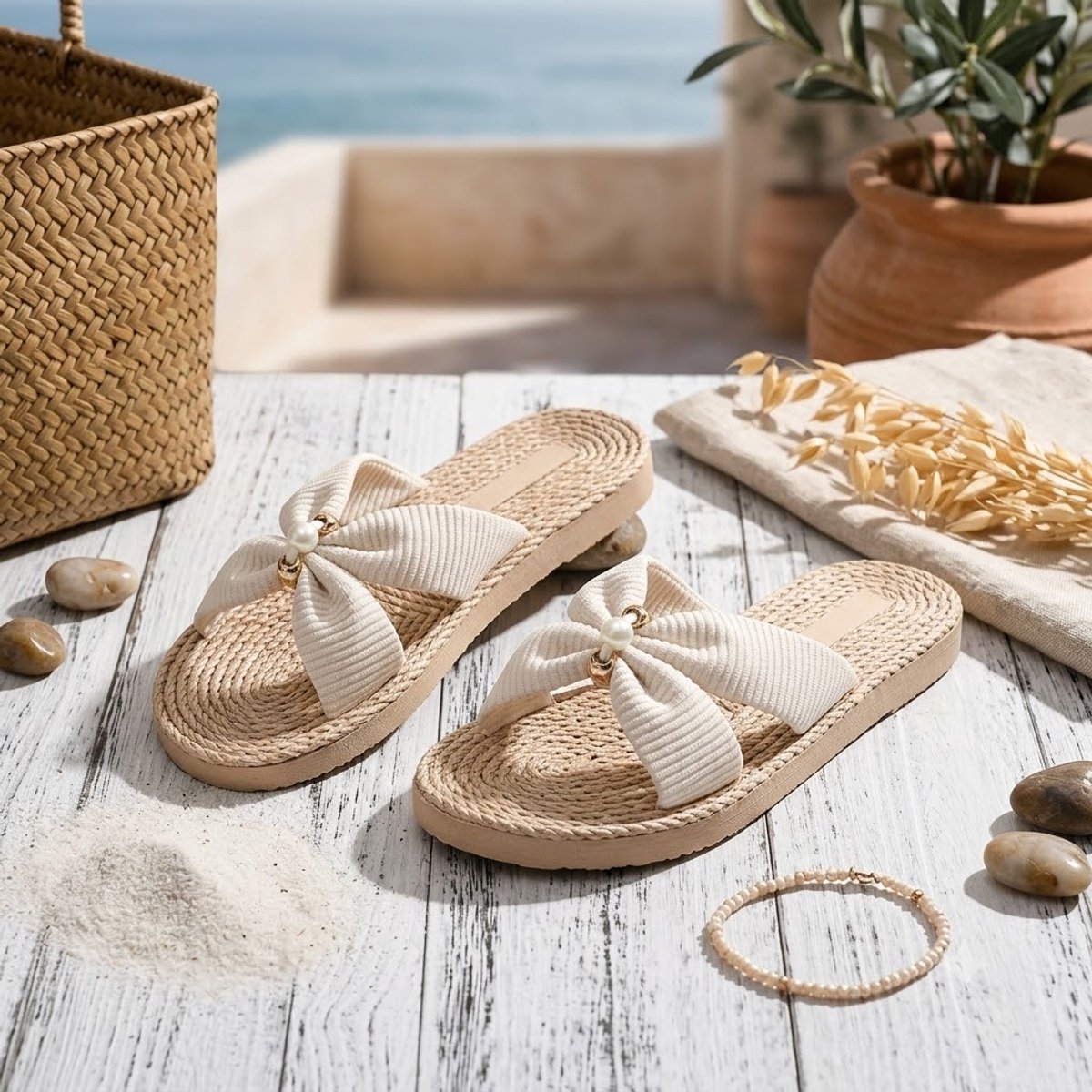 Beige dames slippers platte instap sandalen open teen gevlochten zool met stoffen strik parel detail casual strand slippers maat 38