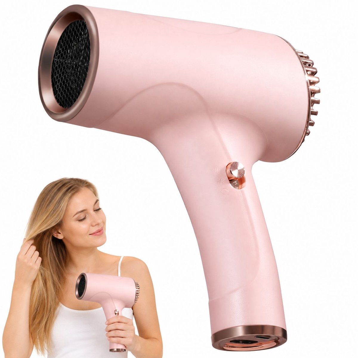 Draadloze haardroger - Oplaadbare haardroger - Compacte en draagbare haardroger - Unisex snelle haardroger - Roze