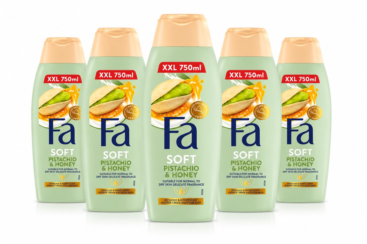 Fa Soft Pistachio & Honey Douchecrème XXL 750 ml – Pistache & Honing – Voordeelverpakking 5 Stuks