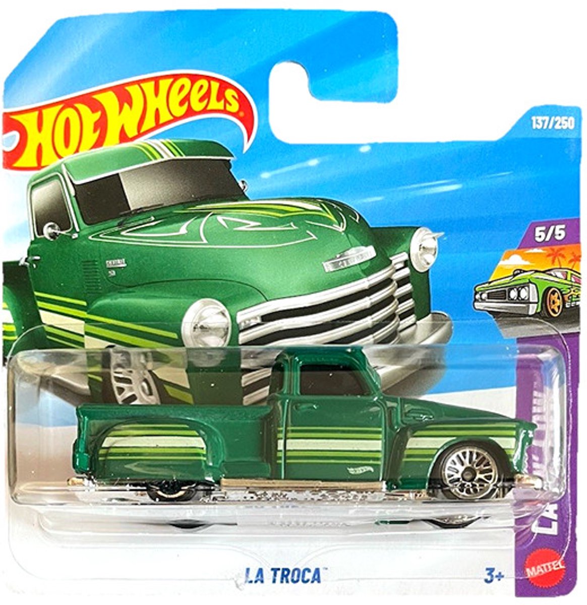 HOT WHEELS LA TROCA '50 CHEVY FIFTIES GREEN PICK UP 137/250 LAYIN' LOW 5/5 (1:64) SHORD CARD