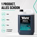 Een 5L jerrycan TSW Multi Cleaner, naast een cirkelvormige lijst met iconen van een auto, motor, fiets en vrachtwagen.