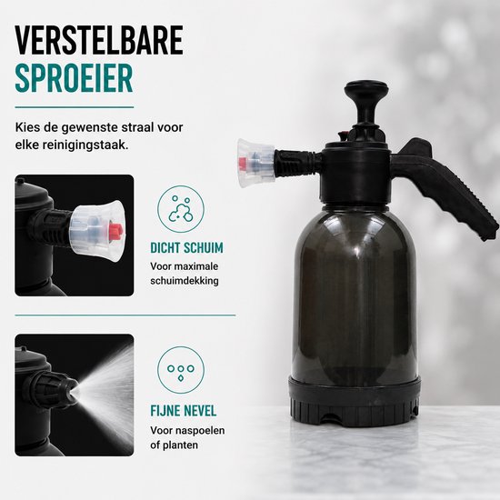 Verstelbare sproeier voor dichte schuimdekking of fijne nevel. Ideaal voor reiniging of planten.