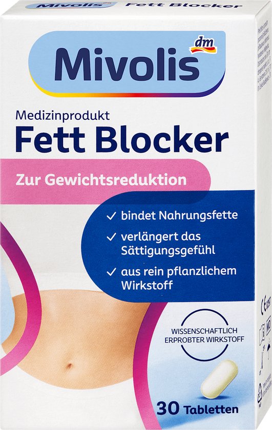 Mivolis Fett Blocker voor gewichtsverlies, 30 tabletten. Benadrukt buik met band.