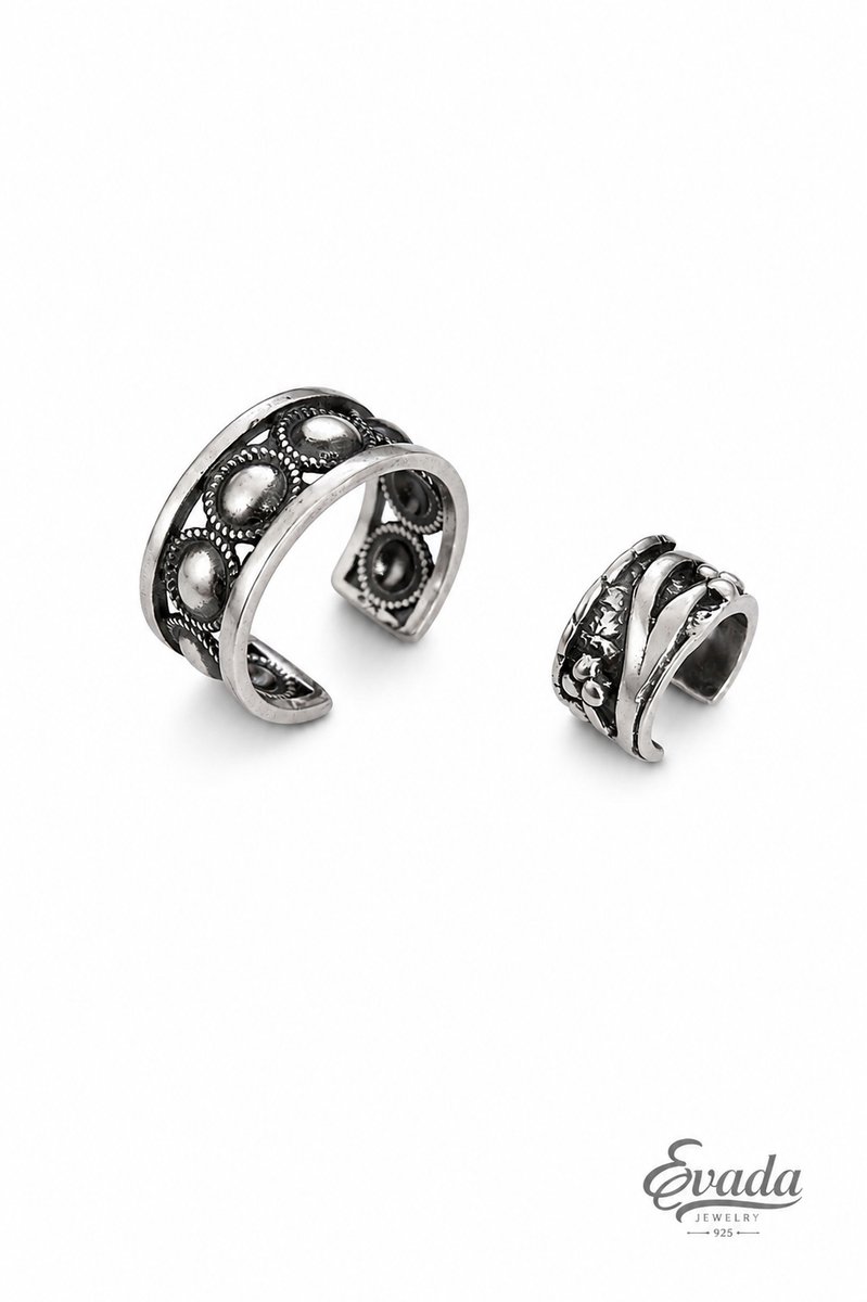 EVADA Jewelry 925 Sterling Zilver Ear Cuff Set – 2 Verstelbare Oorclips Zonder Piercing – Vintage Design – Dames