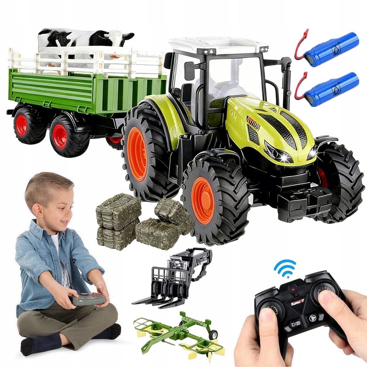 Landbouwtrekker Voor Kinderen - Speelgoedtractor - RC Tractor - 1:24 - Vervangbare Kop - Met Heftruck & Aanhanger- Voor Jongens en Meisjes - Verjaardagscadeau