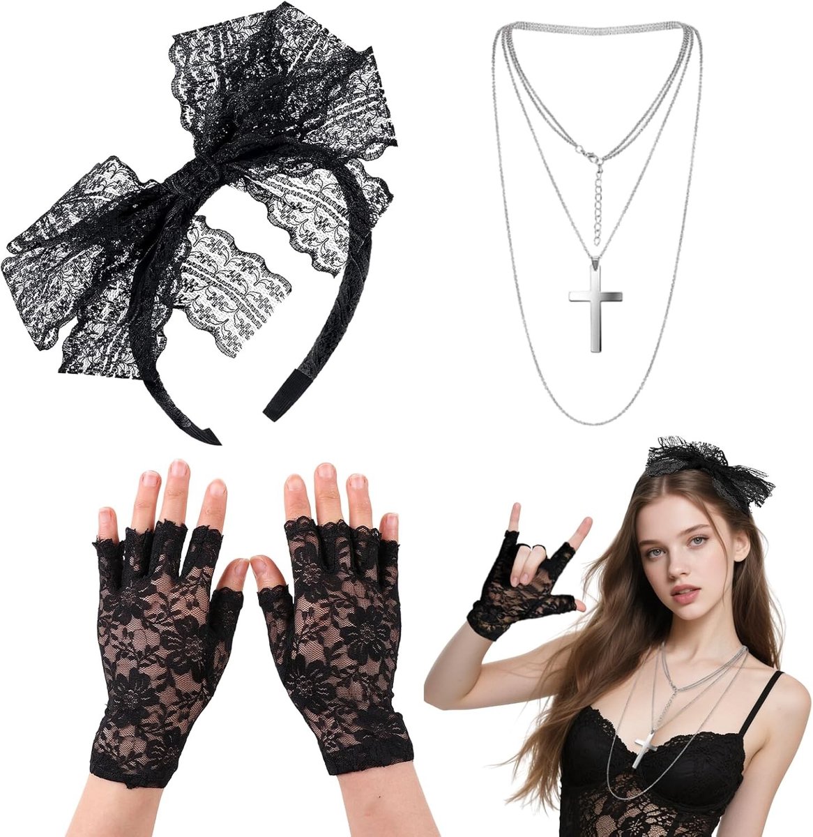80s Retro Kostuumaccessoires voor Dames, Inclusief Kanten Haarband, Visnet Handschoenen en Vintage Ketting voor Feestjes