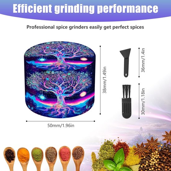 Grote 50MM Kruidengrinder met Schraper en Plastic Borstel - 4 Laags Pollenmolen voor Specerijen en Kruidenset met Paars Boomdesign — afbeelding 5