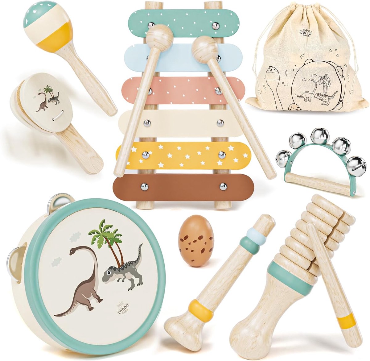 SnelShoppen - Lehoo Kasteel Montessori Muziekinstrumenten Set voor Kinderen, Houten Speelgoed voor 2-3 Jaar, Xylofoontrommel, Educatief Speelgoed voor