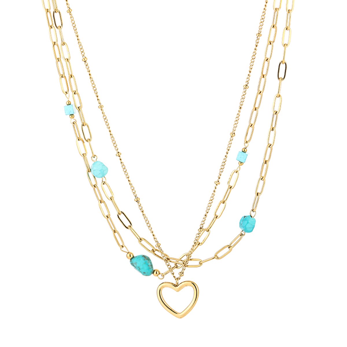 Dubbele Ketting Dames met Hartje & Stenen - Roestvrij Staal (RVS) - Layered Ketting 2-in-1 met Open Hart Hanger - Kralen Ketting 40+5 cm - Sieraden Cadeau Vrouw - Blauw
