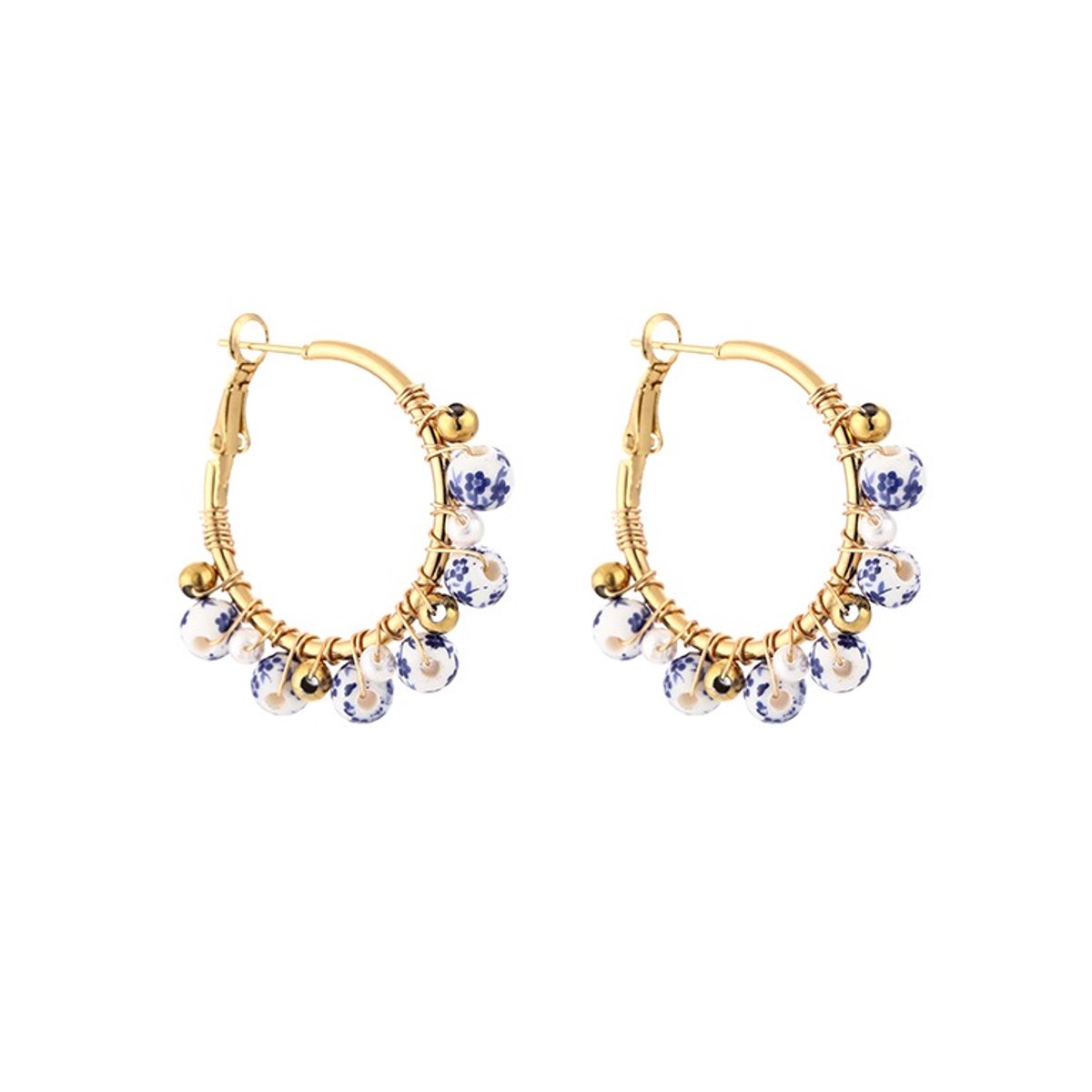 Stainless Steel Beach Painted Porcelain & Pearl Wire-Wrapped Hoops – Luxe Gewikkelde Strand Oorringen met Porseleinen Kraaltjes – RVS - Blauw