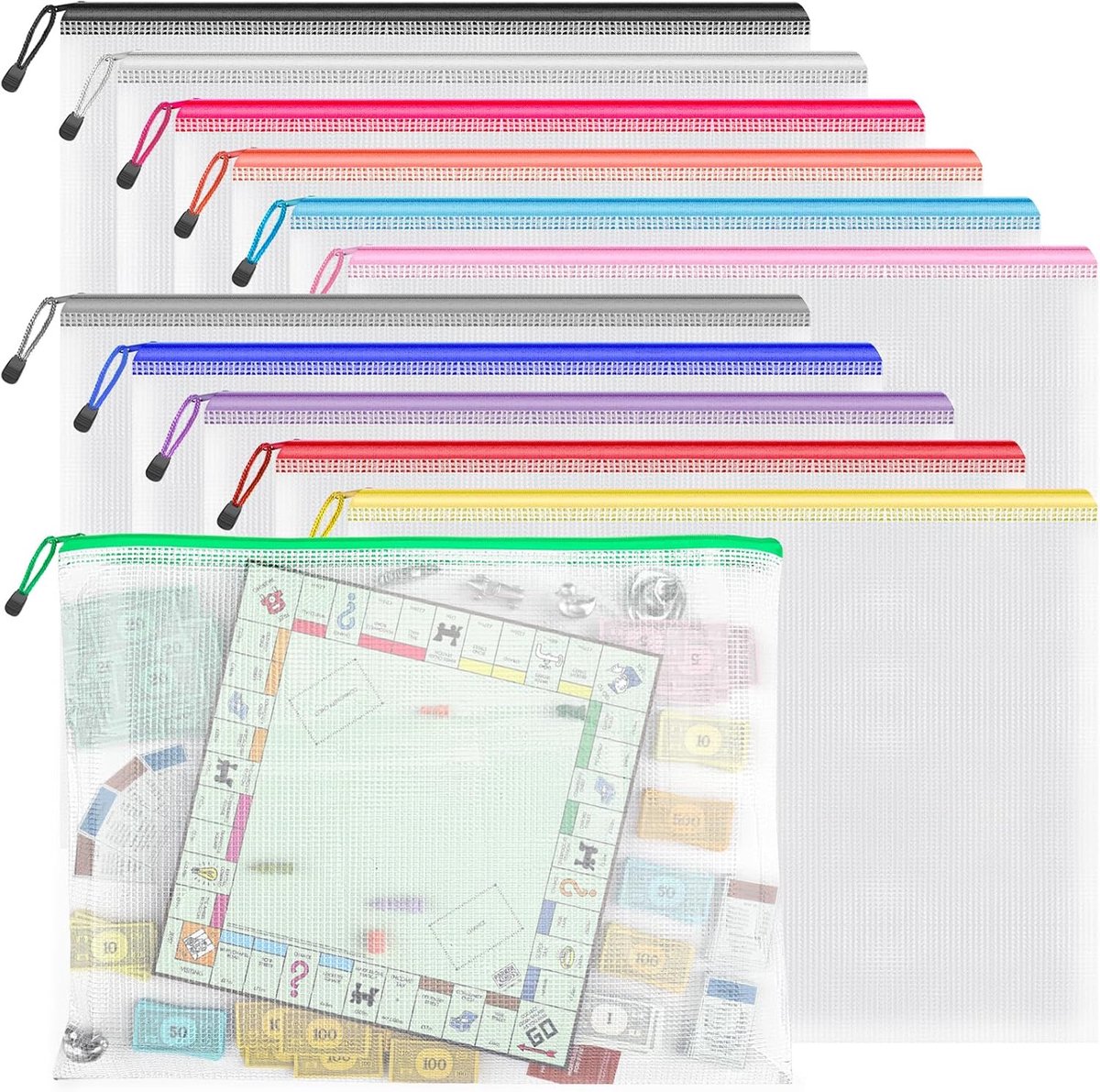 SnelShoppen - 12 Stuks A3 Documenten Tas, Kleur Waterdichte Bestanden Zak met Rits, Plastic Opbergzakken voor Kantoor, Documenten, Papier, Pen, Cosmet