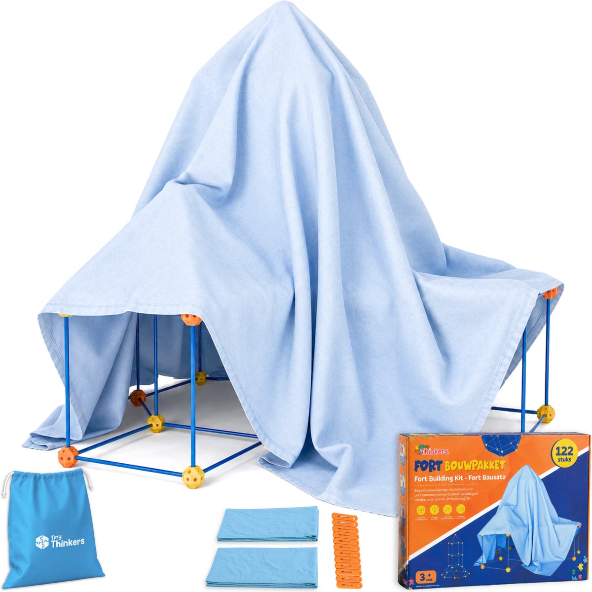 Fort Bouwpakket XL + Kleden & Knijpers - 122 Onderdelen - Incl. Opbergzak & E-book - Speeltent - Educatief Speelgoed - Bouwspeelgoed - Hut Bouwen