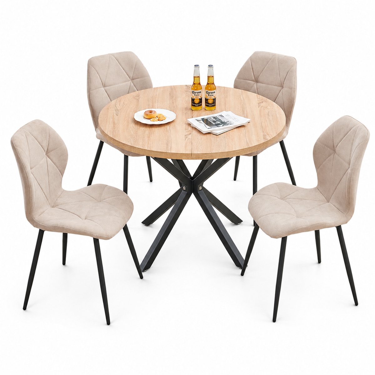 Brandistry - Ronde Eetkamer Set - 4 Stoelen met Ronde Eettafel - Eetkamer Tafel - Eetkamer Stoelen - Gestoffeerde Stoelen - Beige