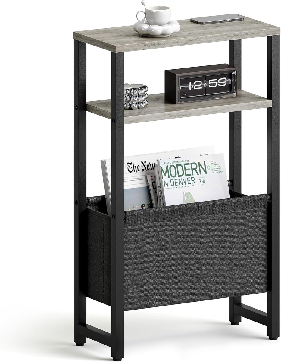 SnelShoppen - Narrow Console Table met 3 Open Planken, Smalle Bedside Table, Eiken Grijs Dressoir, Opbergtafel voor Woonkamer, Slaapkamer, Keuken