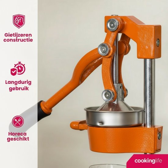 Cookinglife Gietijzeren Citruspers - Handmatige sinaasappelpers met pershendel en pulpfilter - O.a. geschikt als limoenpers, citroenpers of sinaasappelpers - Hevelmodel Oranje - Horeca Geschikt van Merkloos — afbeelding 4