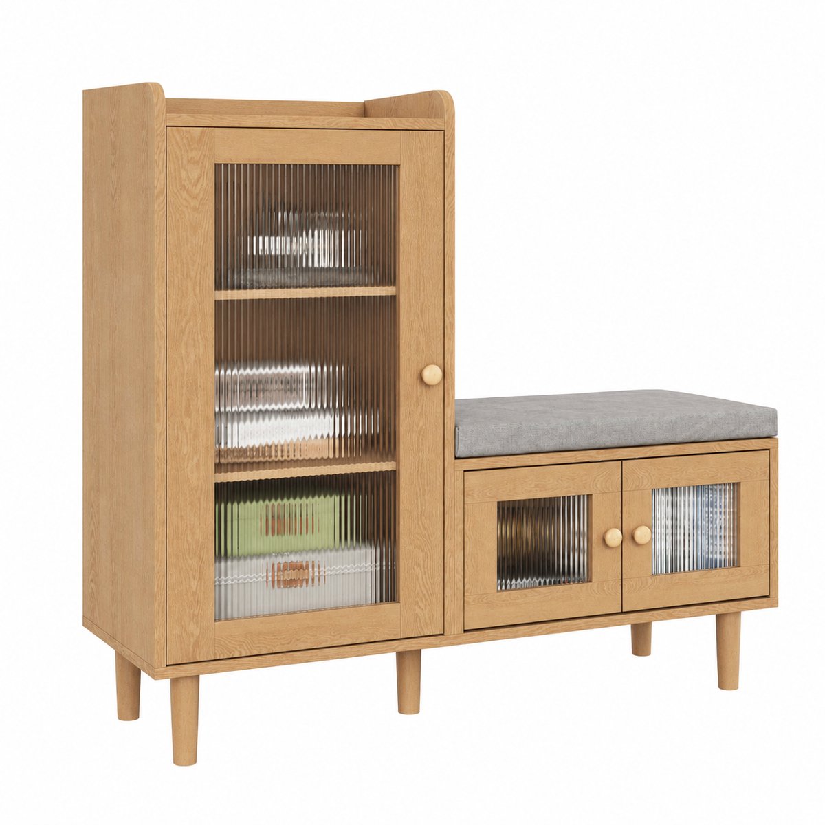 CORE Schoenenkast met Bankje - Schoenenopberger met Geribbelde Glazen Deuren - Vrijstaande Schoenenkast - Inclusief 3 Verstelbare Planken, Metalen Handgrepen en Poten - Comfortabele Zitbank voor Schoenen Aantrekken - 100x35x82.5cm - Natuurlijk Hout